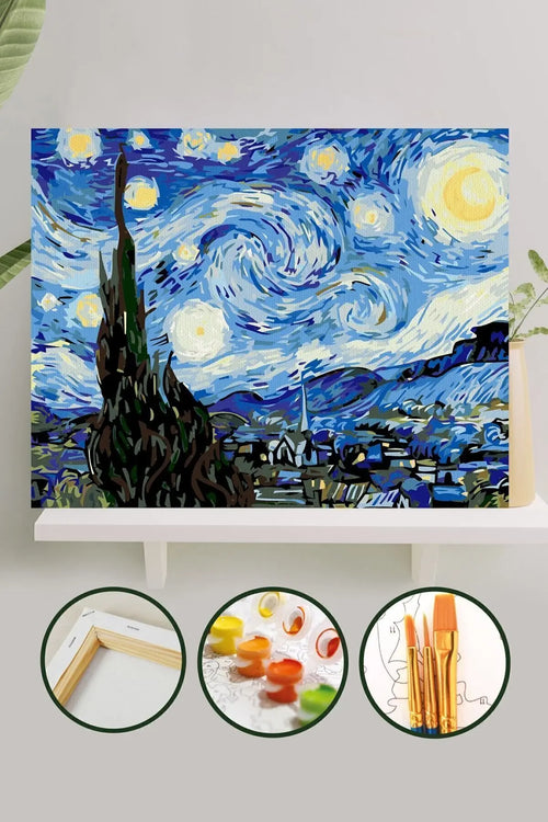 Van Gogh Yıldızlı Gece – Sayılarla Boyama 40x50 Tuval Seti (Fırça & Boya Dahil)
